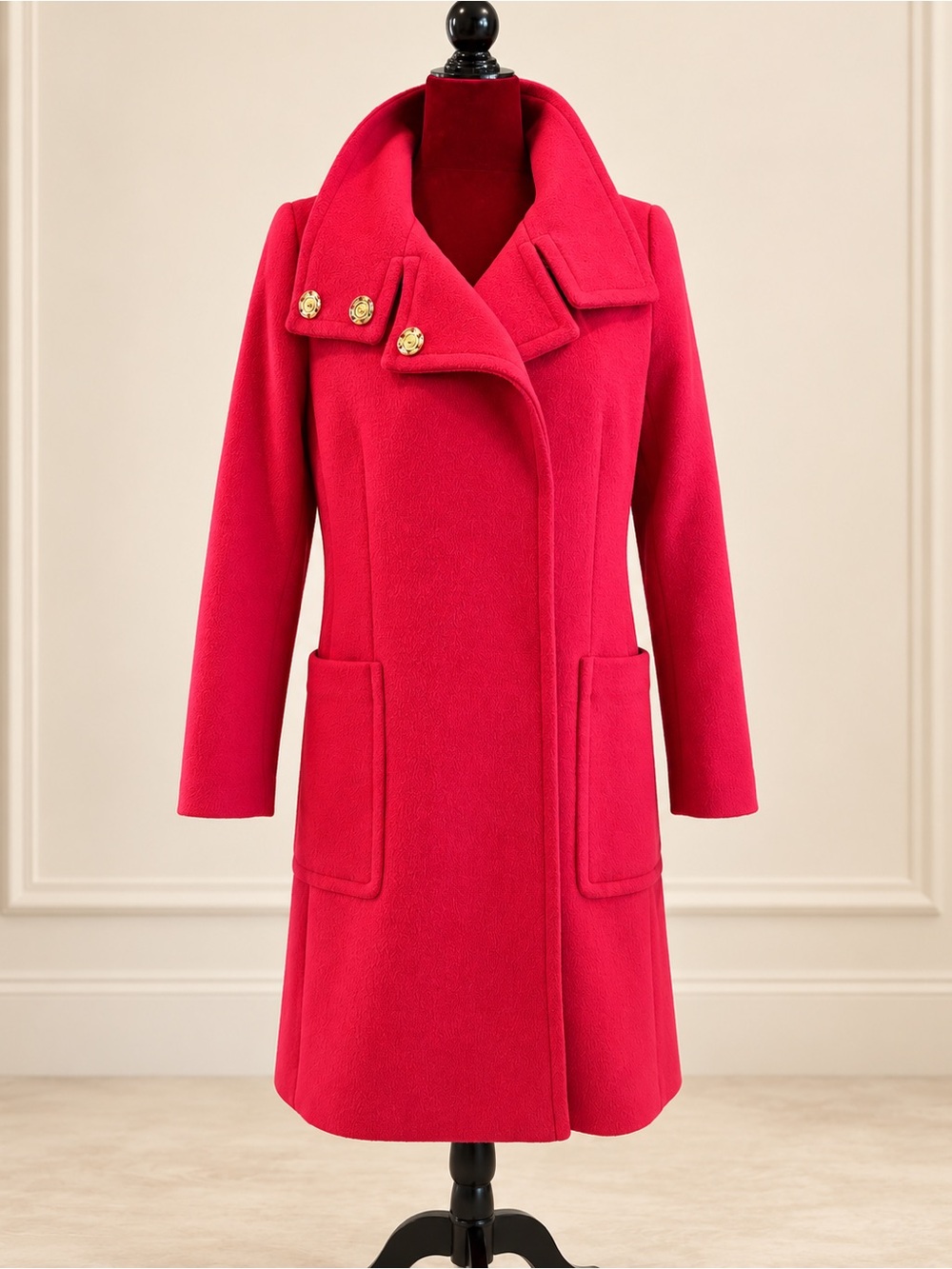 Ann Taylor Bright Pink Red Wool Pea Coat with Gold Buttons S